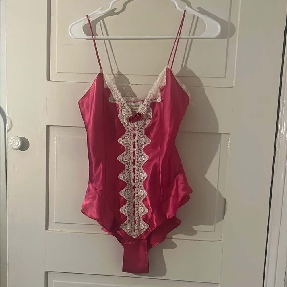 Victoria's Secret Pink and White Satin Chemise Bodysuit with Lace Trim Vintage